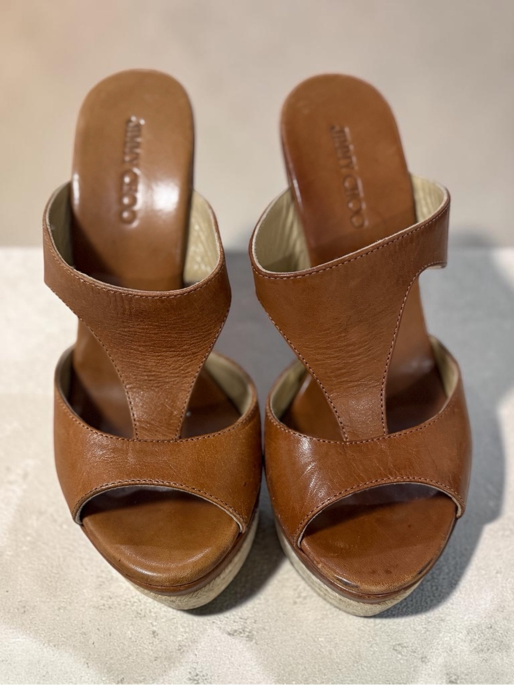 Jimmy Choo Cognac Leather Espadrille Wedge Slide